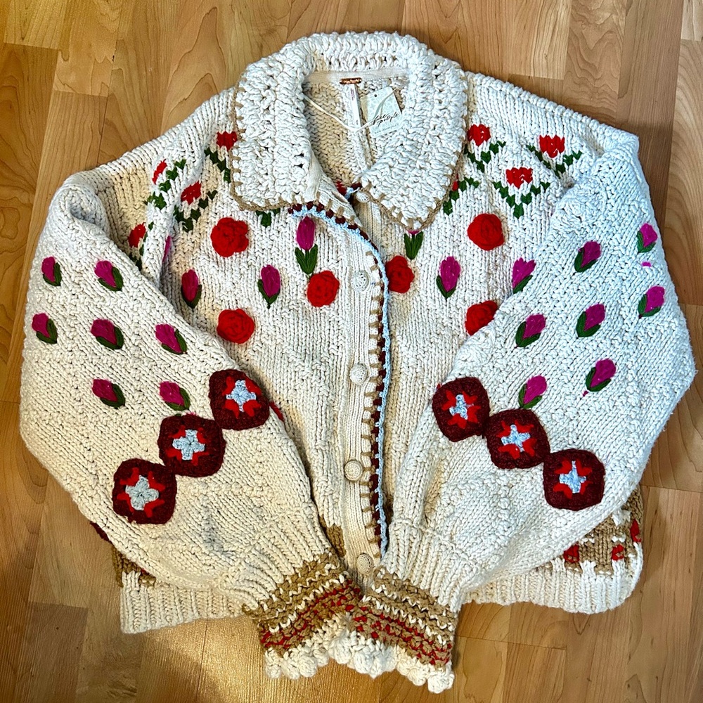 Free People Cream Cardigan with Red and Pink Floral Accents
